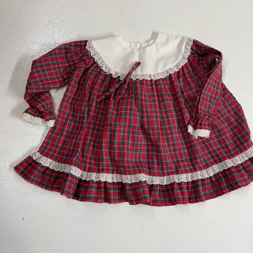 Alexus vintage Red Plaid Baby Dress with Lace Trim